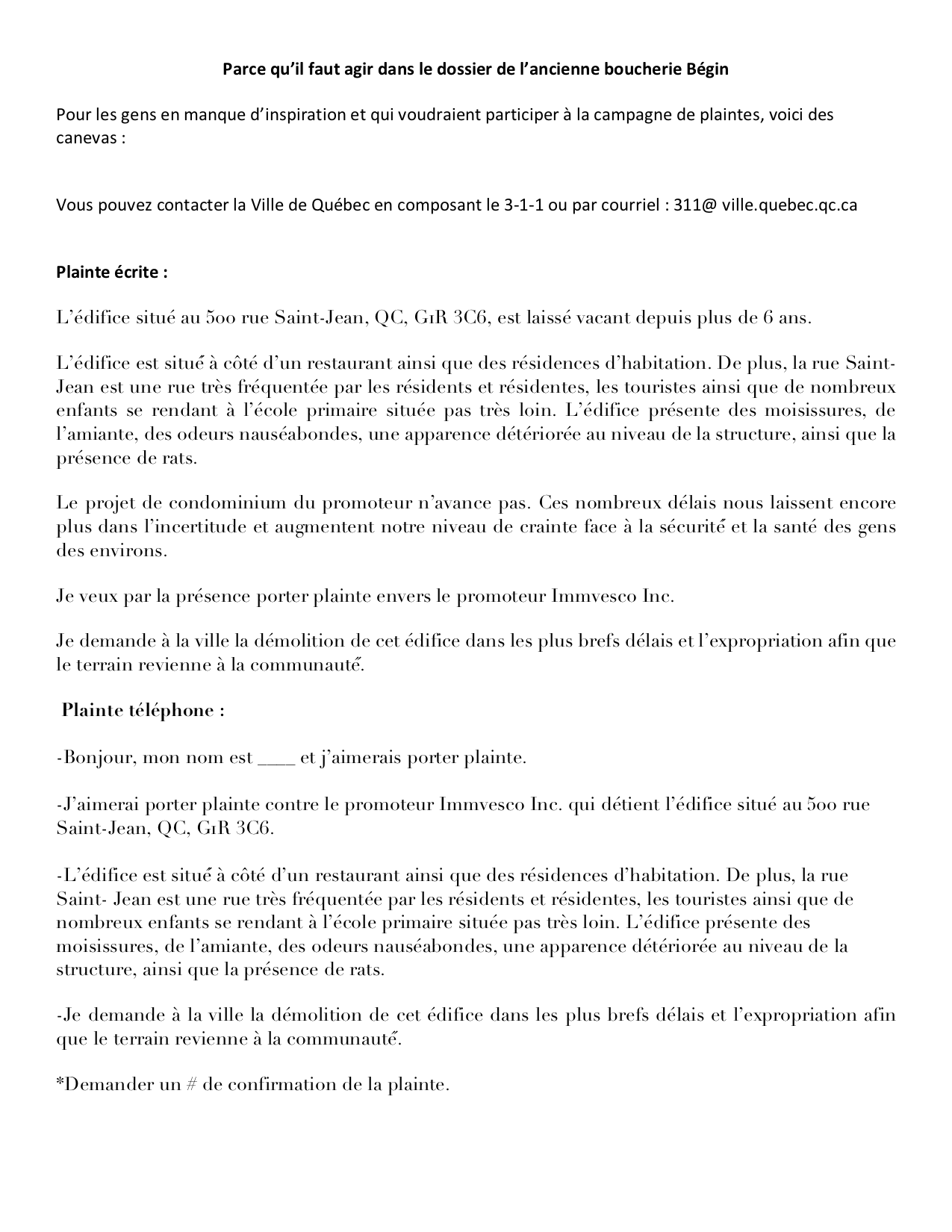 Modèle de plainte écrite et téléphonique Campagne Bégin Comité populaire SaintJeanBaptiste